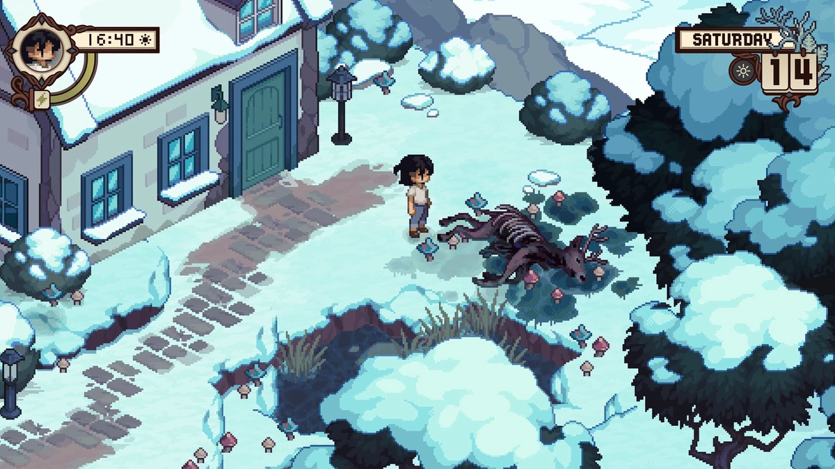 ตัวละครยืนข้างซากกระดูกในลานหิมะหน้าบ้านของ Grave Seasons ล้อมด้วยต้นไม้และเห็ด