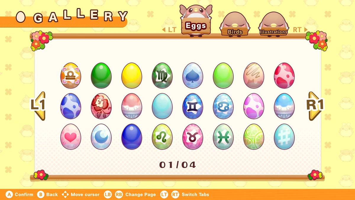 หน้า Gallery แท็บ Eggs แสดงไข่หลายลาย พร้อมแท็บ Birds และ Illustrations