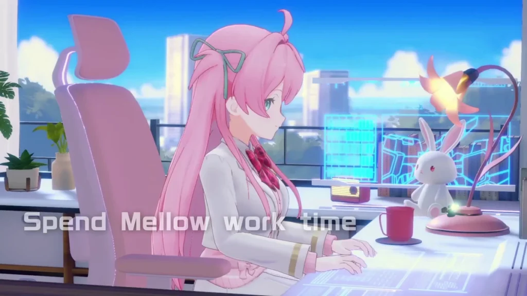 Meru นั่งพิมพ์งานด้านข้างพร้อมข้อความ Spend Mellow work time