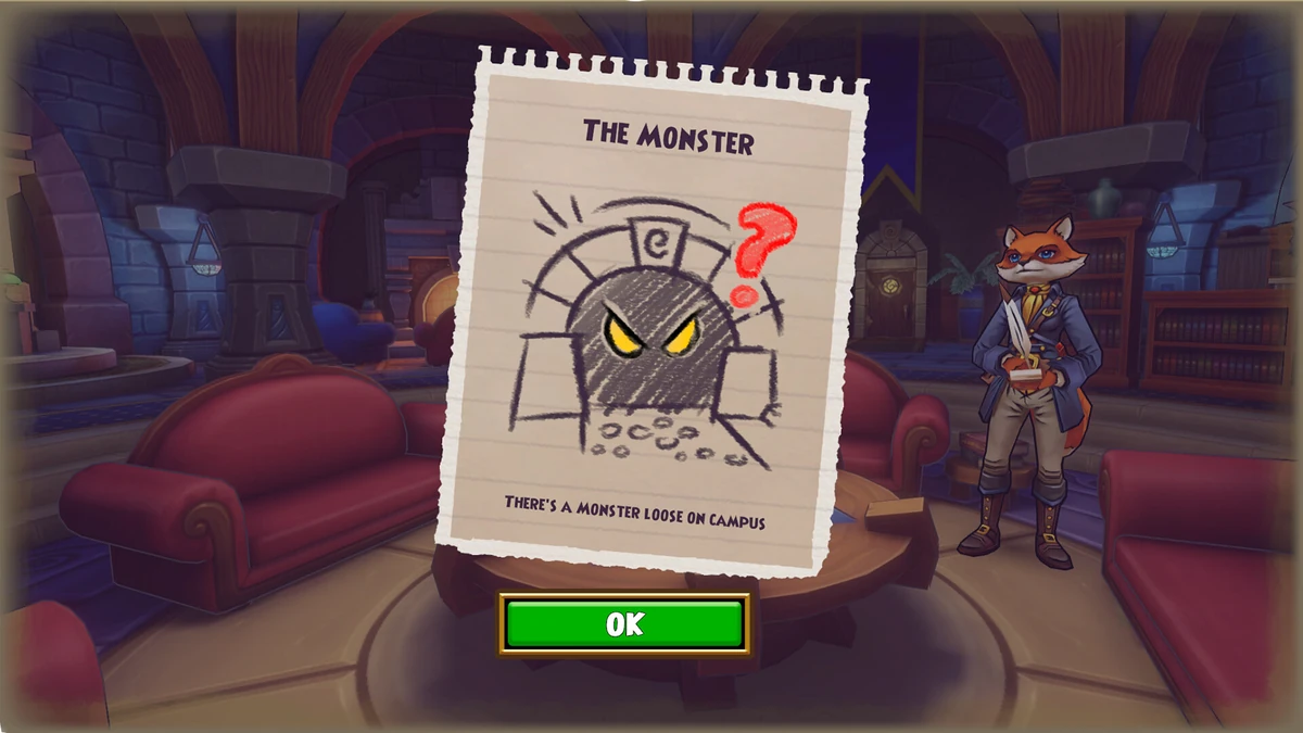 กระดาษหัวข้อ THE MONSTER แสดงภาพสัตว์ประหลาด พร้อมตัวละครสุนัขจิ้งจอกในห้องโถง