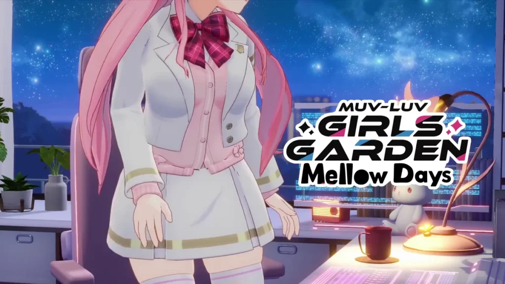 ฉาก Meru ยืนข้างโต๊ะตอนกลางคืนพร้อมโลโก้ Mellow Days