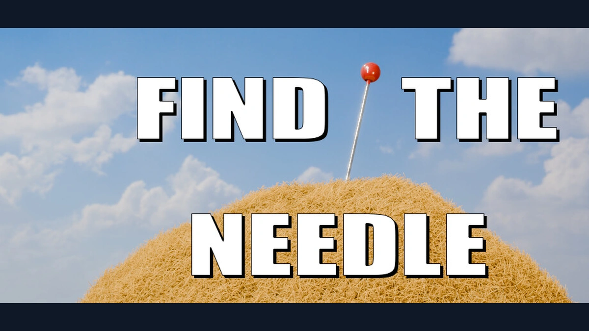 Find The Needle ชื่อเกมสีขาวกับเข็มและกองฟางใต้ท้องฟ้า บนปกเกมจากหน้าร้าน Steam