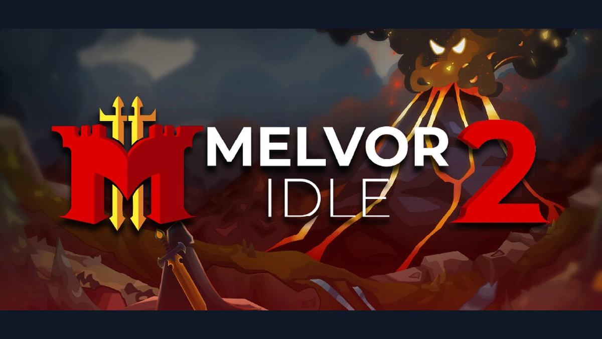 Melvor Idle 2 โลโก้สีขาวแดงและเลขสองหน้าฉากภูเขาไฟ บนปกเกมจากหน้าร้าน Steam