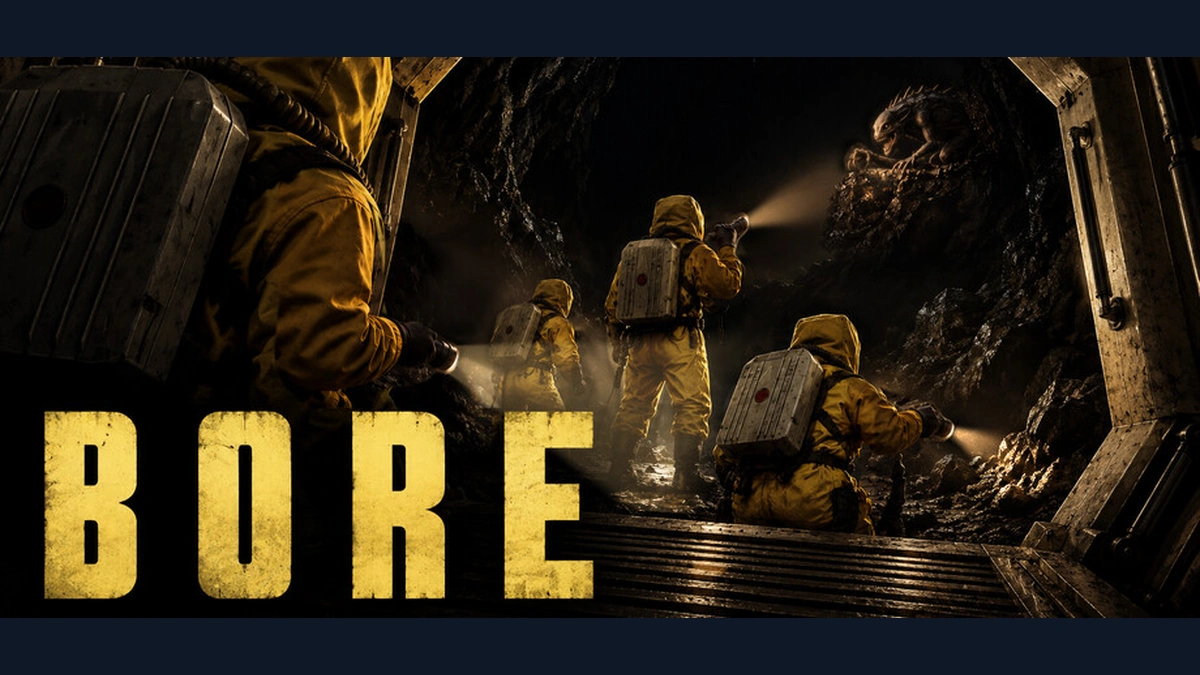 BORE โลโก้ชื่อเกมเหนือกลุ่มนักสำรวจชุดสีเหลืองในอุโมงค์มืดบนปกเกมจาก Steam