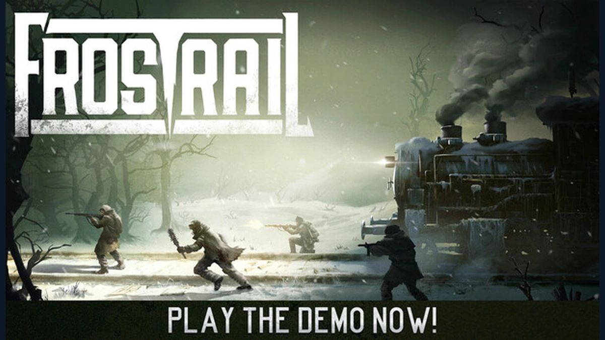 Frostrail โลโก้สีขาวเหนือขบวนรถไฟในฉากหิมะ บนปกเกมจากหน้าร้าน Steam