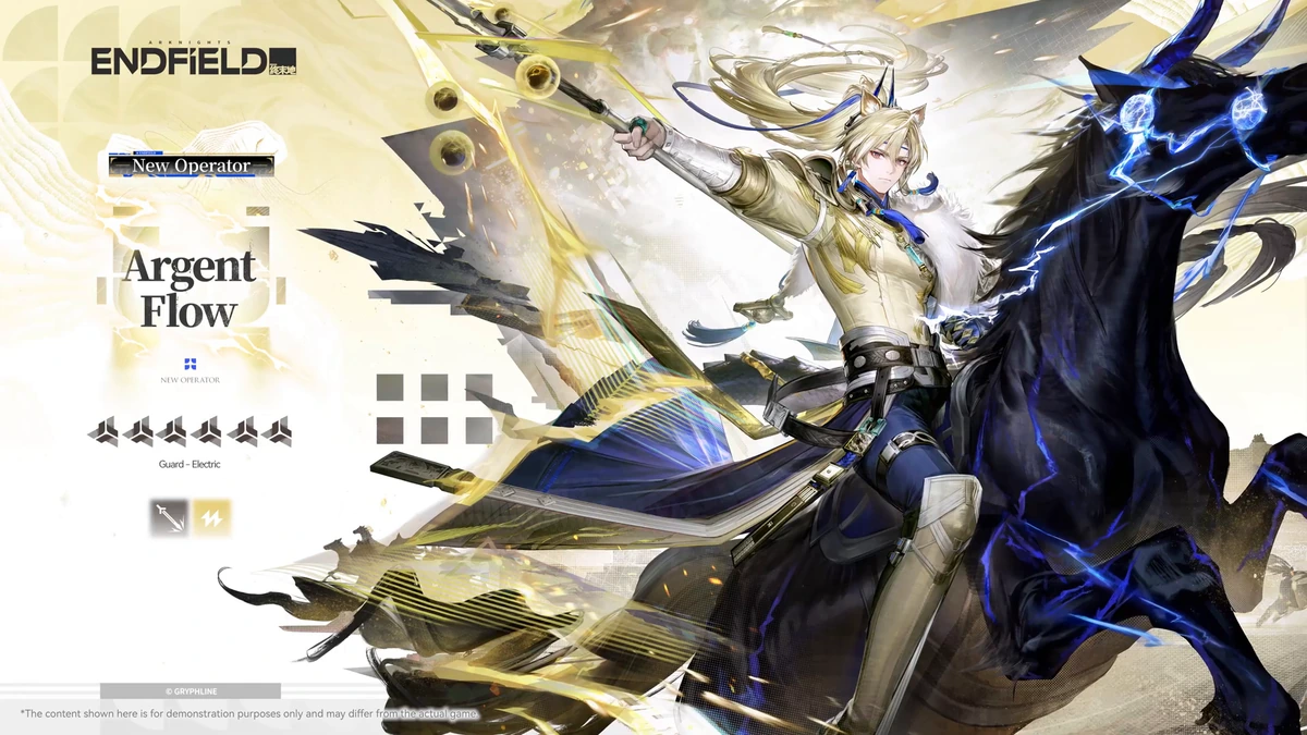 ภาพ Key art Argent Flow ถืออาวุธบนหลังม้าสีดำที่มีประกายไฟฟ้าสีน้ำเงิน พร้อมข้อความ Guard Electric