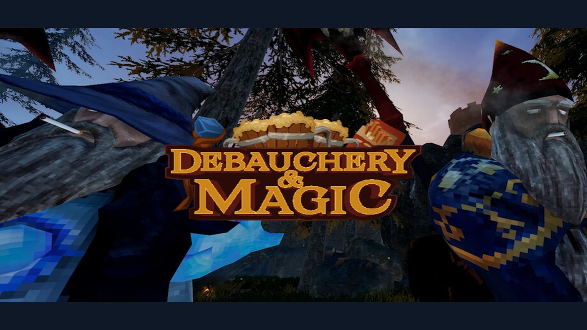 Debauchery & Magic โลโก้สีทองอยู่ระหว่างตัวละครพ่อมดมีเคราบนปกเกมจากหน้าร้าน Steam