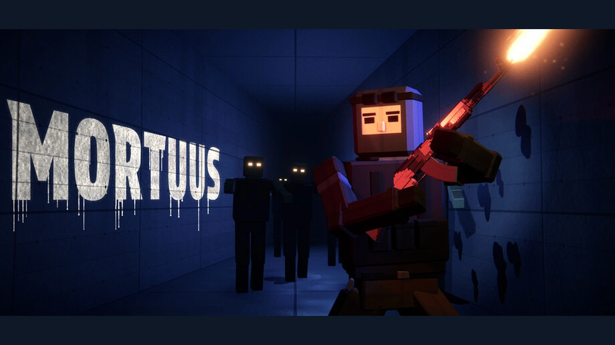 Mortuus ชื่อเกมสีขาวข้างตัวละครทรงเหลี่ยมถืออาวุธ บนปกเกมจากหน้าร้าน Steam