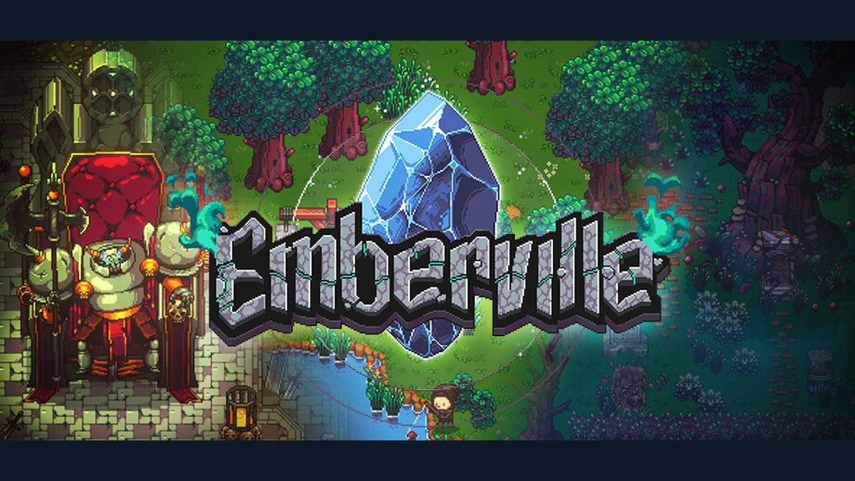 Emberville โลโก้เหนือคริสตัลเรืองแสงสีฟ้าและฉากป่าแบบพิกเซลบนปกเกมจากหน้าร้าน Steam