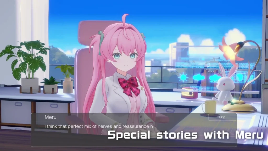 Meru หันมองด้านหน้าพร้อมกล่องบทสนทนาและคำว่า Special stories with Meru
