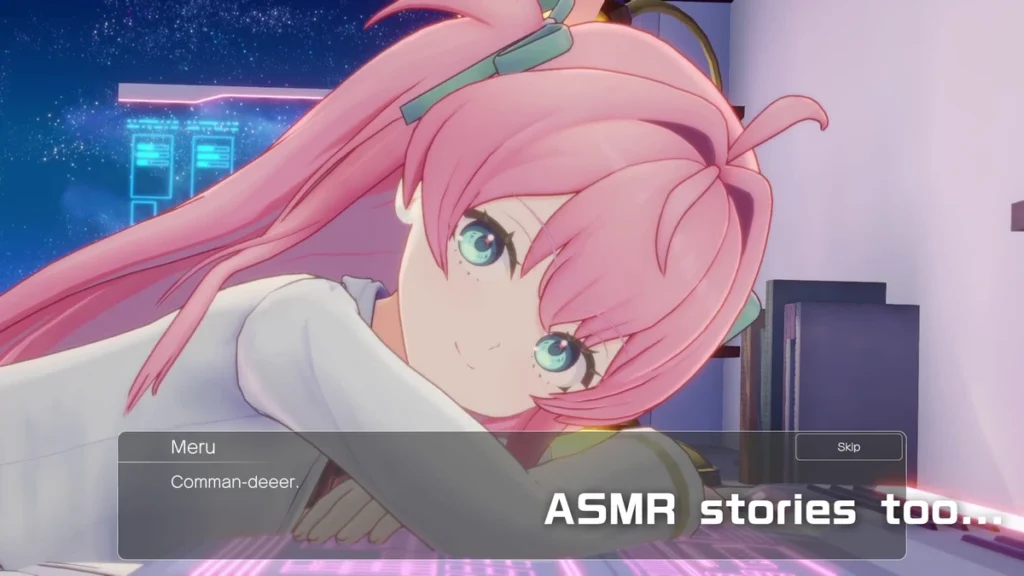ภาพระยะใกล้ Meru วางศีรษะบนแขนพร้อมกล่องบทสนทนาและข้อความ ASMR stories too