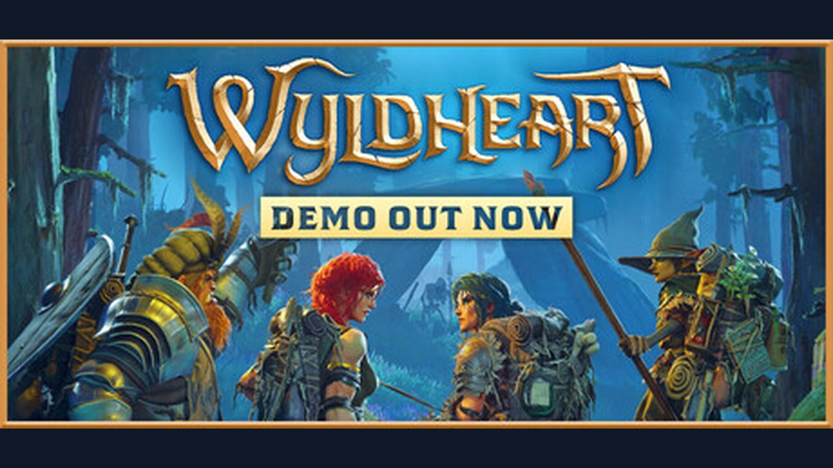 Wyldheart โลโก้สีทองเหนือกลุ่มนักผจญภัยและข้อความเดโม บนปกเกมจากหน้าร้าน Steam