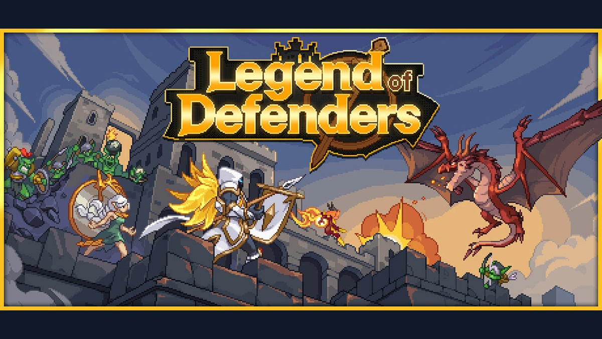 Legend of Defenders โลโก้สีทองกับปราสาท ตัวละครสวมเกราะ และมังกรแดงในฉากพิกเซล