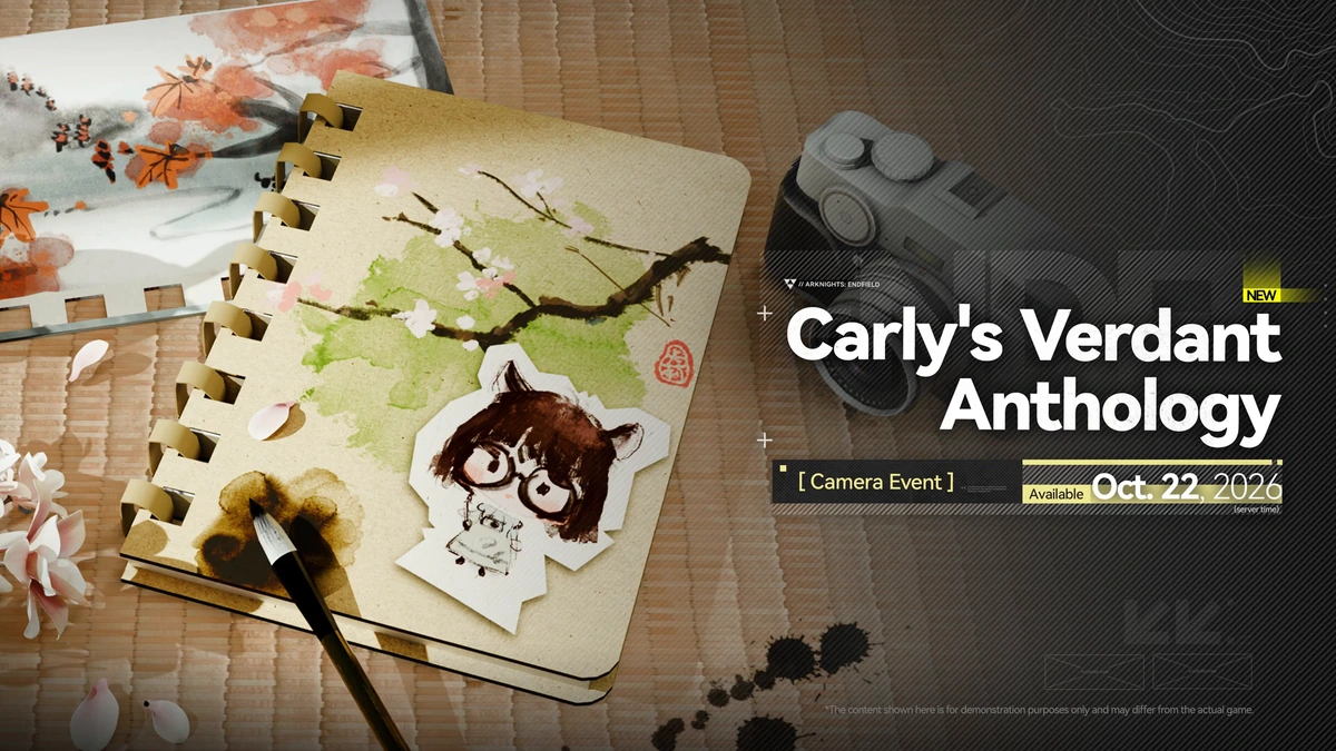 ภาพประกาศกิจกรรมถ่ายภาพ Carly's Verdant Anthology มีสมุดและกล้อง พร้อมวันเริ่ม 22 ตุลาคม 2026