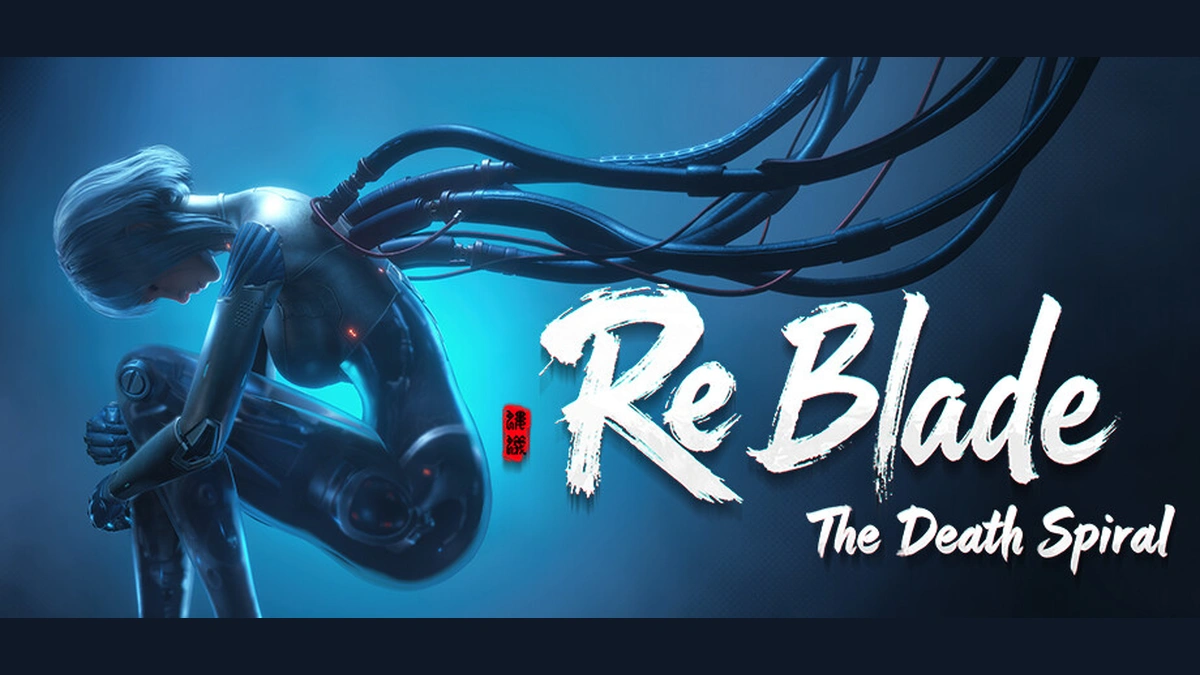 โลโก้ Re Blade และ The Death Spiral กับตัวละครหญิงผมเงินที่เชื่อมต่อสายเคเบิลสีดำ