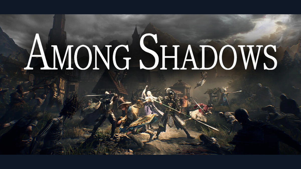 Among Shadows โลโก้สีขาวเหนือฉากต่อสู้ของตัวละครในหมู่บ้านยุคกลางที่มืดสลัว