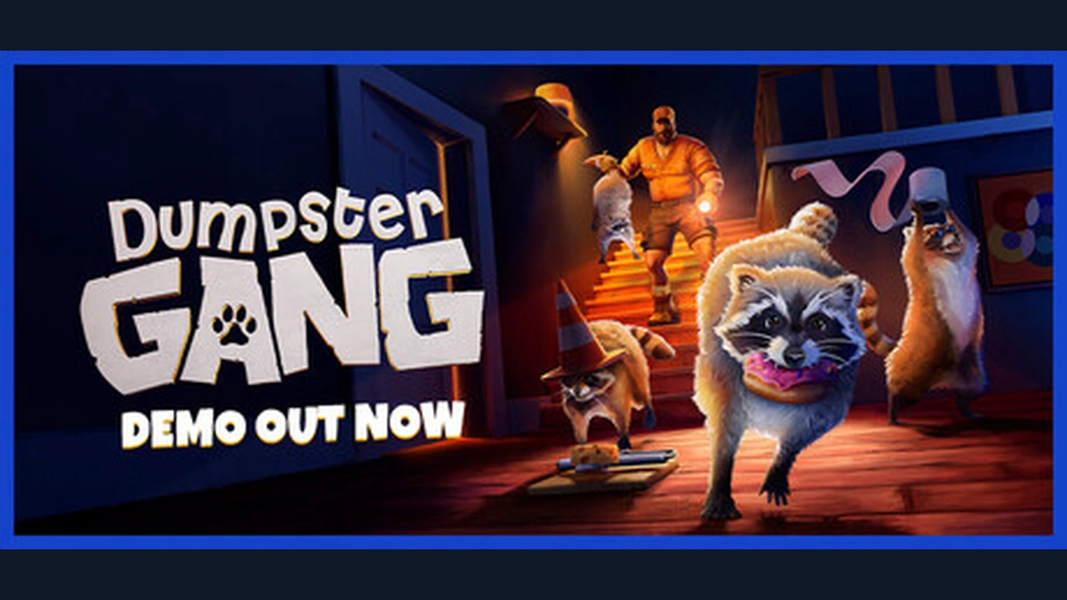 Dumpster Gang โลโก้สีขาวข้างกลุ่มสัตว์ในฉากถังขยะ บนปกเกมจากหน้าร้าน Steam