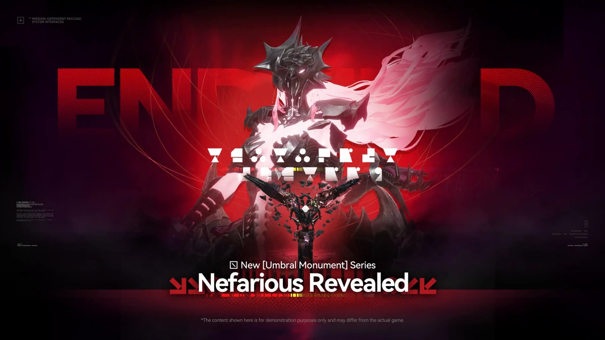 ภาพประกาศ Nefarious Revealed แสดงร่างสวมเกราะสีแดงและหนาม พร้อมข้อความ New Umbral Monument Series