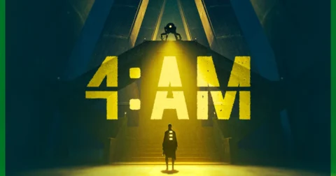 ภาพปก 4:AM เกมลอบเร้น โลโก้สีเหลืองเหนือตัวละครบนบันได