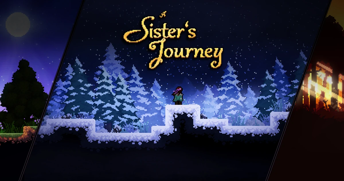 ภาพพิกเซลทางการมีชื่อ A Sister's Journey สีทองเหนือตัวละครในป่าสนหิมะ