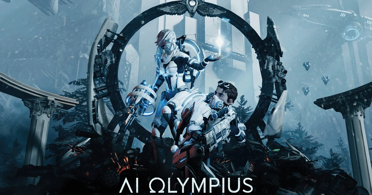 ตัวละครสวมเกราะสองคนถืออาวุธหน้าซุ้มวงแหวน พร้อมชื่อเกม AI Olympius