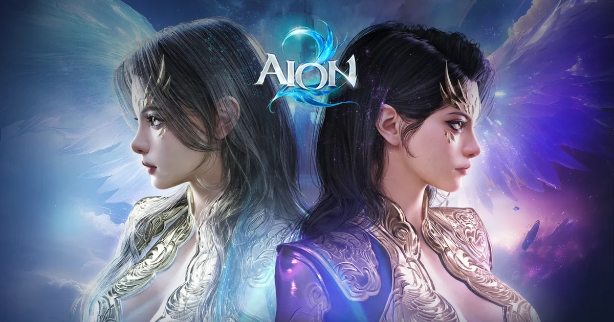 หญิงสวมเกราะสองคนหันคนละทาง มีปีกสีฟ้าและม่วงกับโลโก้ AION 2 ด้านบน