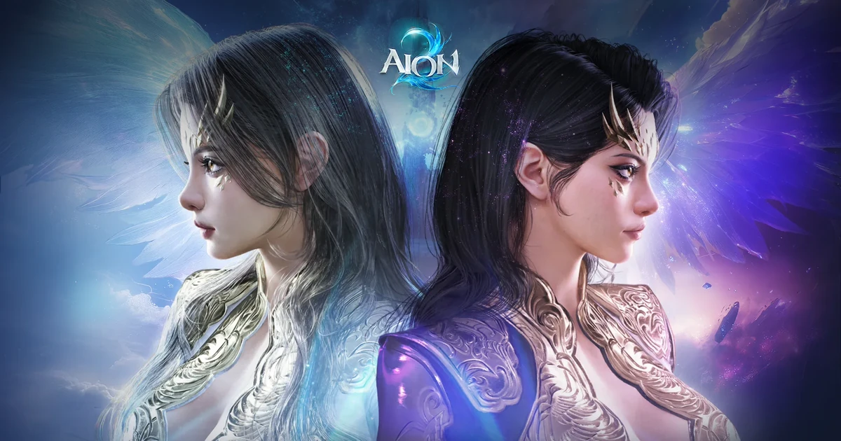 คีย์อาร์ต AION 2 ตัวละครสองคนหันหลังชนกันและโลโก้เกมเหนือกึ่งกลาง