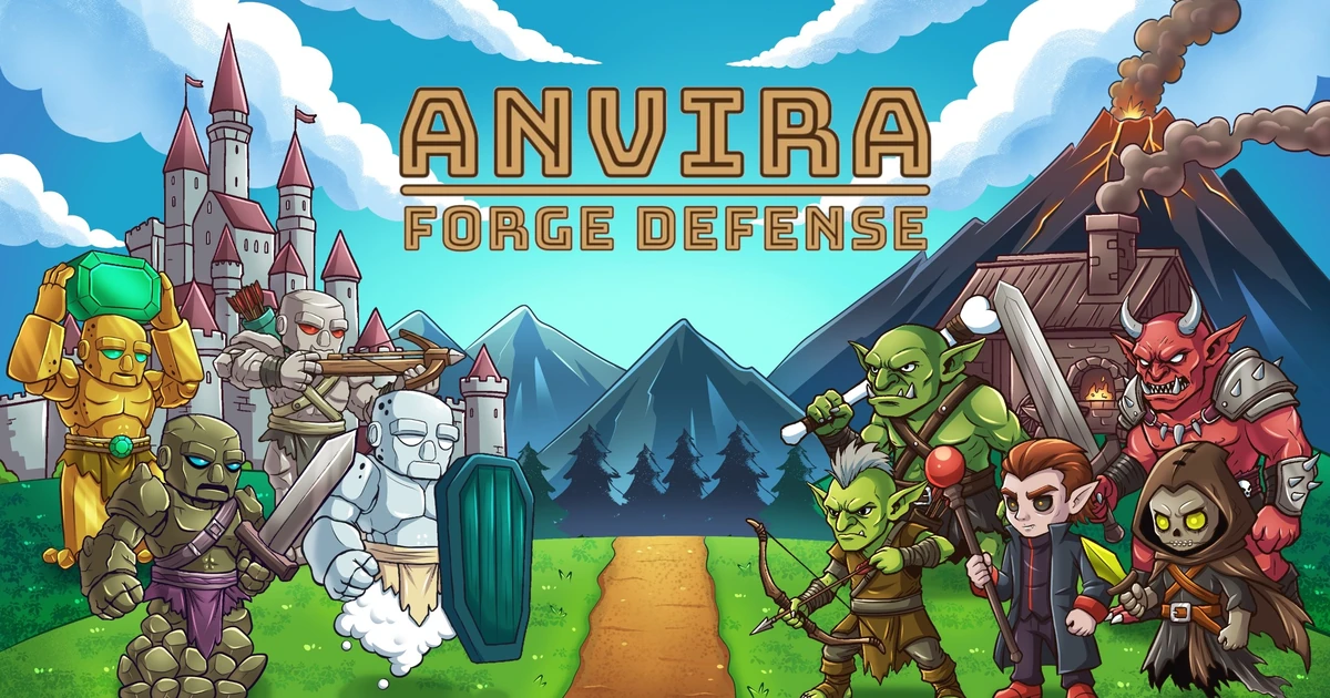 ภาพอาร์ต Anvira: Forge Defense พร้อมโลโก้เกมและตัวละครสองฝ่าย