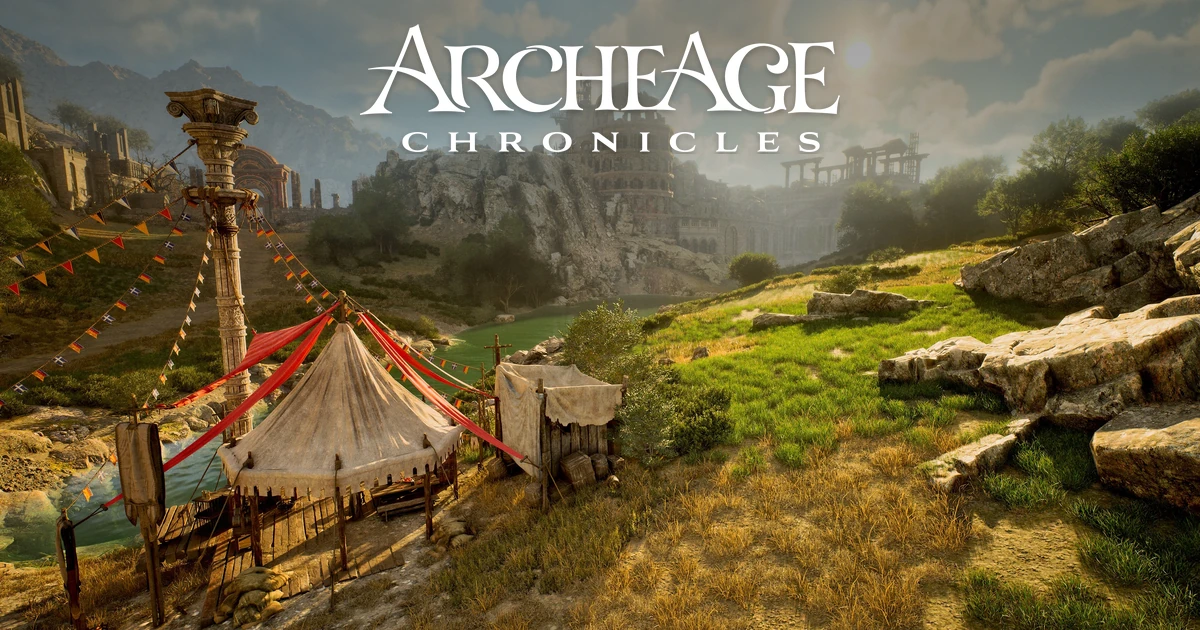 ArcheAge Chronicles เดโม โลโก้เกมเหนือหุบเขาหิน มีเต็นท์ริมลำน้ำและซากอาคารกลางแสงอาทิตย์