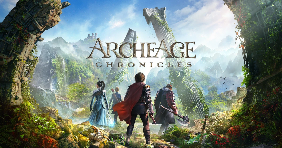 ArcheAge Chronicles Demo ใช้ภาพอาร์ตทางการ ตัวละครยืนหน้าเสาหินและโลโก้ชื่อเกม