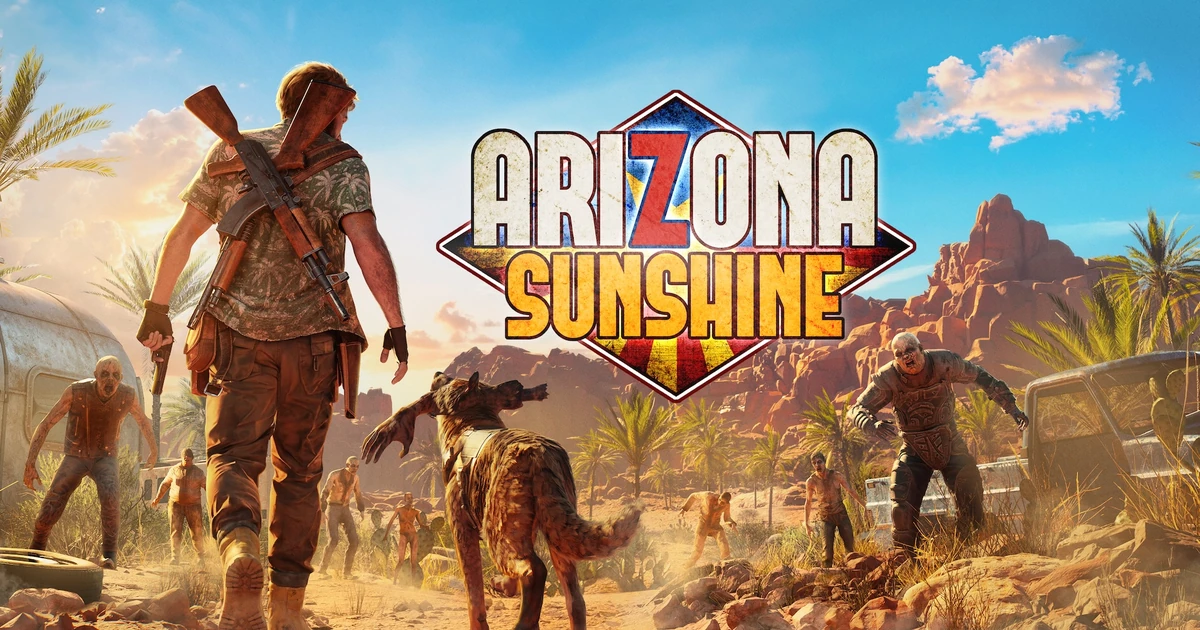 คีย์อาร์ต Arizona Sunshine ไม่ใช้ VR มีโลโก้เกม ตัวละคร สุนัข และซอมบี้ในทะเลทราย