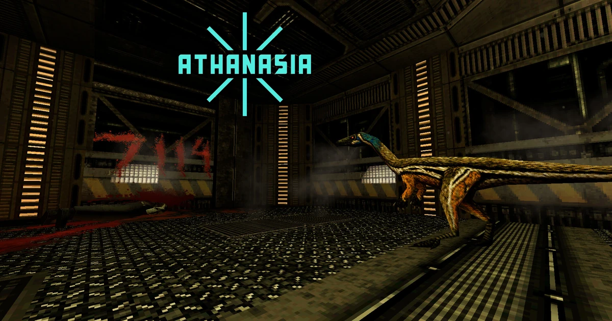 โลโก้ ATHANASIA สีฟ้าเหนือภาพไดโนเสาร์ในห้องโลหะแสงเหลือง