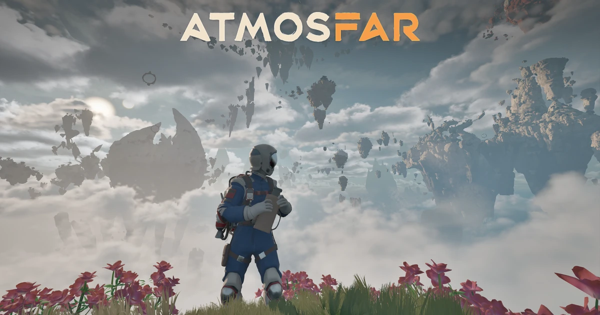นักสำรวจถือแผ่นสี่เหลี่ยมท่ามกลางดอกไม้และเกาะลอยฟ้าใน ATMOSFAR Early Access
