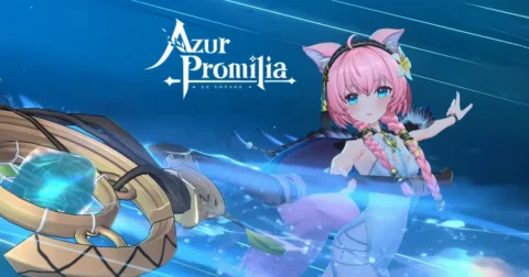 ตัวละครผมชมพูถืออาวุธพร้อมเอฟเฟกต์พลังสีฟ้า จาก Trailer Azur Promilia
