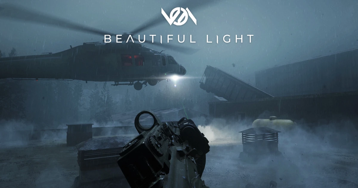 โลโก้ Beautiful Light เหนือเฮลิคอปเตอร์และปืนในมุมมองบุคคลที่หนึ่ง