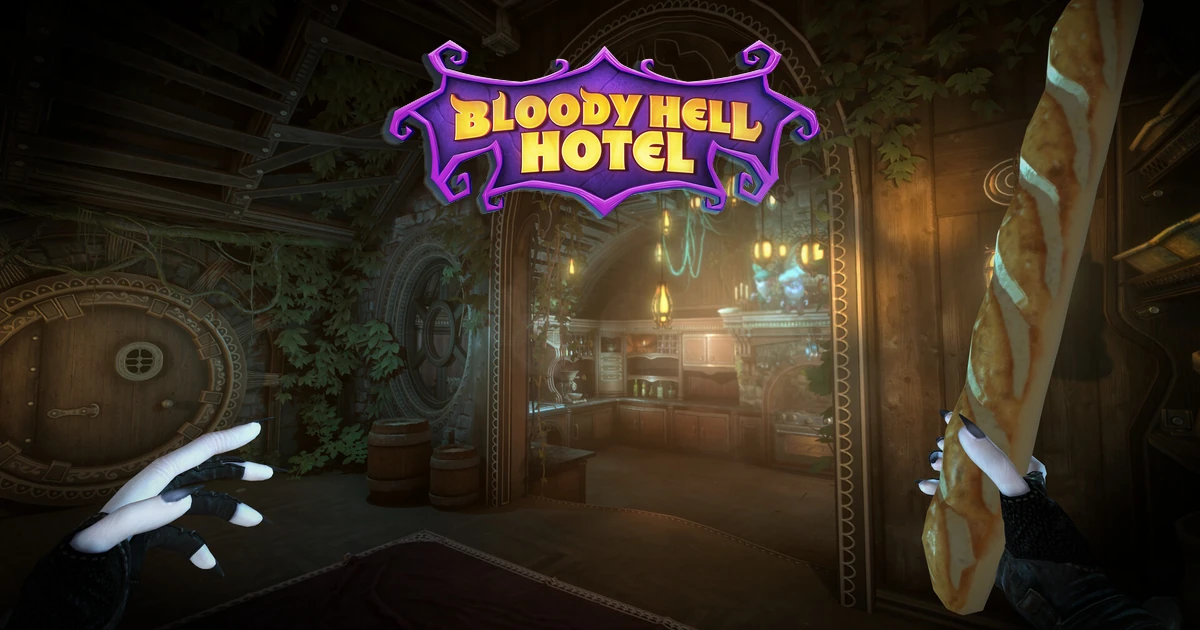 โลโก้ Bloody Hell Hotel เหนือทางเข้าครัว ผู้เล่นถือขนมปัง