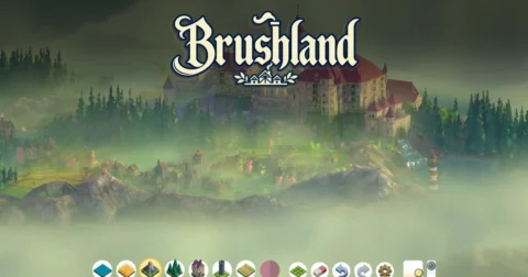 ปราสาทริมฝั่งท่ามกลางหมอกกับโลโก้ Brushland