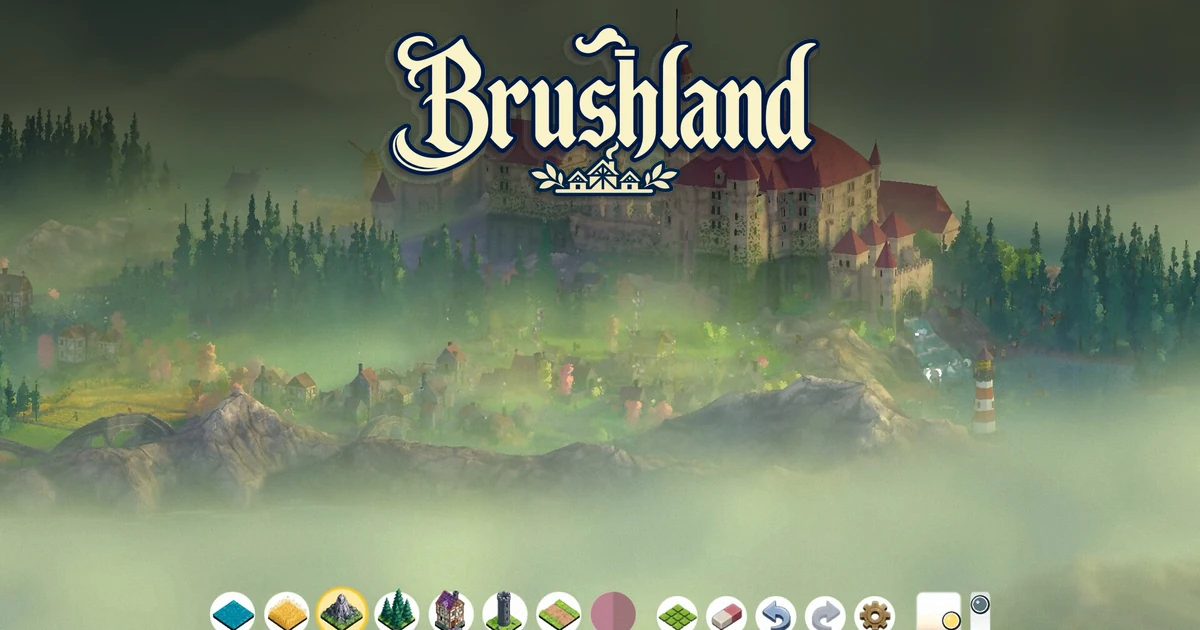 ปราสาทริมฝั่งท่ามกลางหมอกกับโลโก้ Brushland