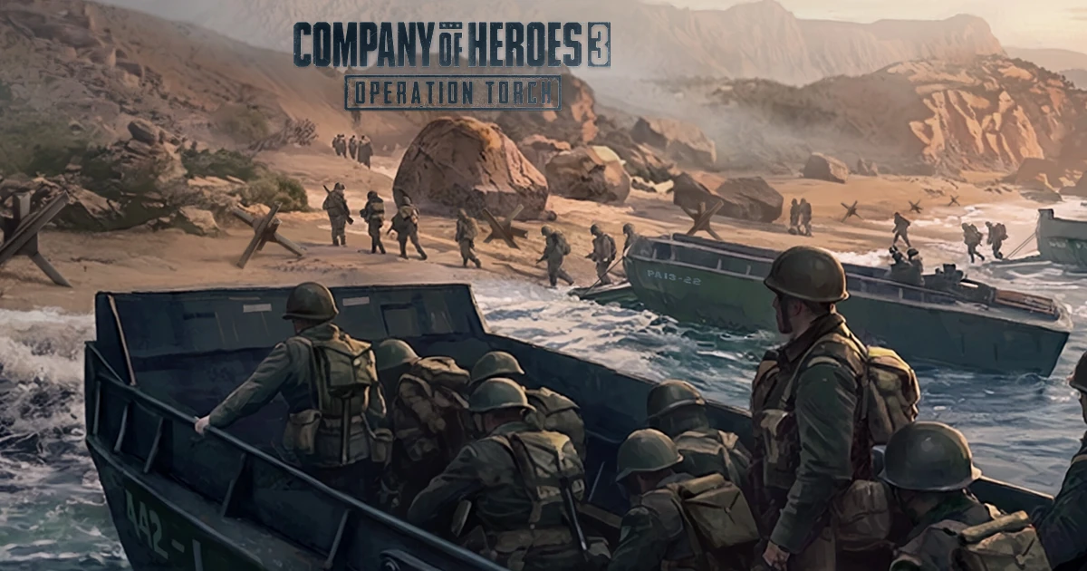 ทหารขึ้นเรือยกพลขึ้นบกใต้โลโก้ Company of Heroes 3 Operation Torch