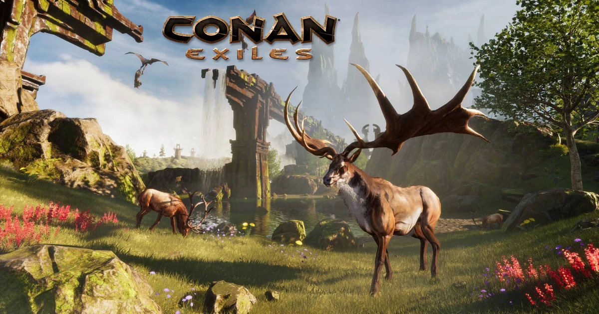 กวางเขาใหญ่หน้าซากหินและแหล่งน้ำ พร้อมโลโก้ Conan Exiles