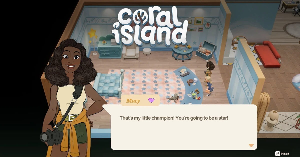 โลโก้ Coral Island เหนือฉากห้องเด็กและตัวละคร Macy พร้อมกล่องบทสนทนา