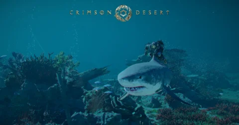 ตัวละครขี่ฉลามใต้น้ำท่ามกลางซากเรือและปะการัง ใต้โลโก้ Crimson Desert