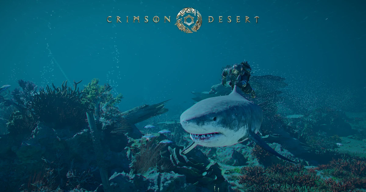 ตัวละครขี่ฉลามใต้น้ำท่ามกลางซากเรือและปะการัง ใต้โลโก้ Crimson Desert