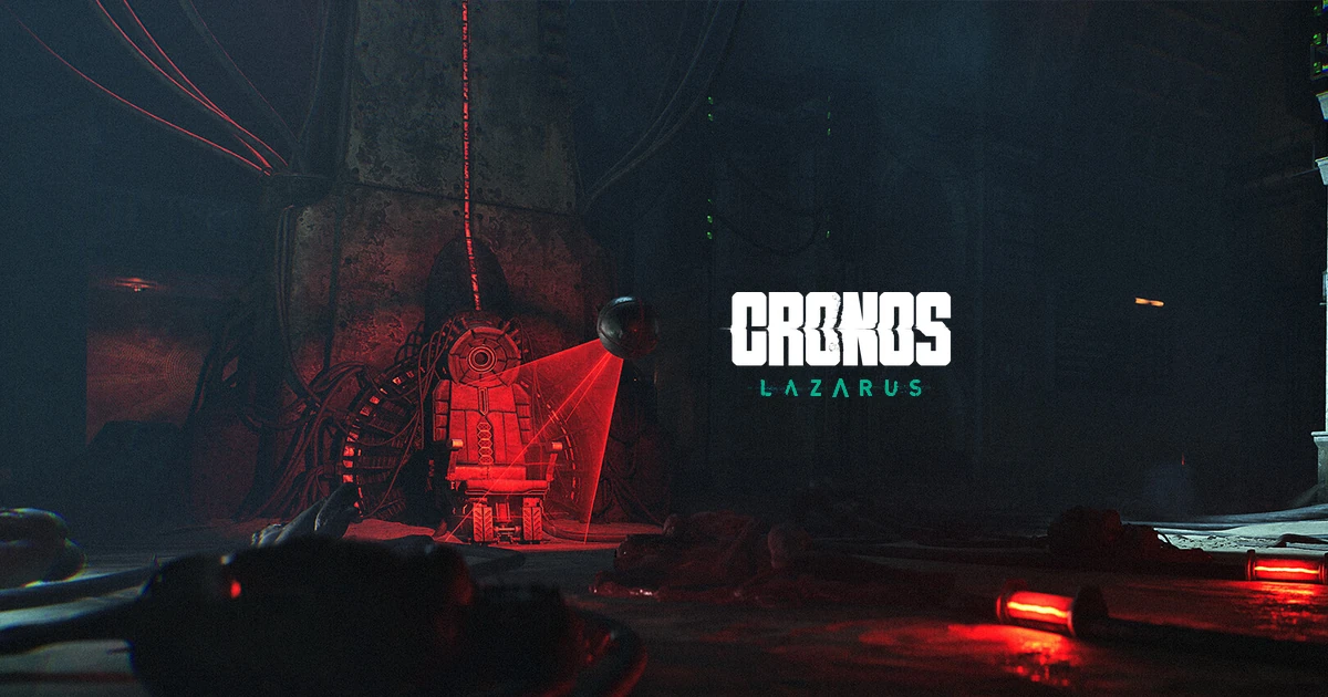 อุปกรณ์ลอยตัวฉายแสงสีแดงในห้องมืด พร้อมโลโก้ Cronos Lazarus