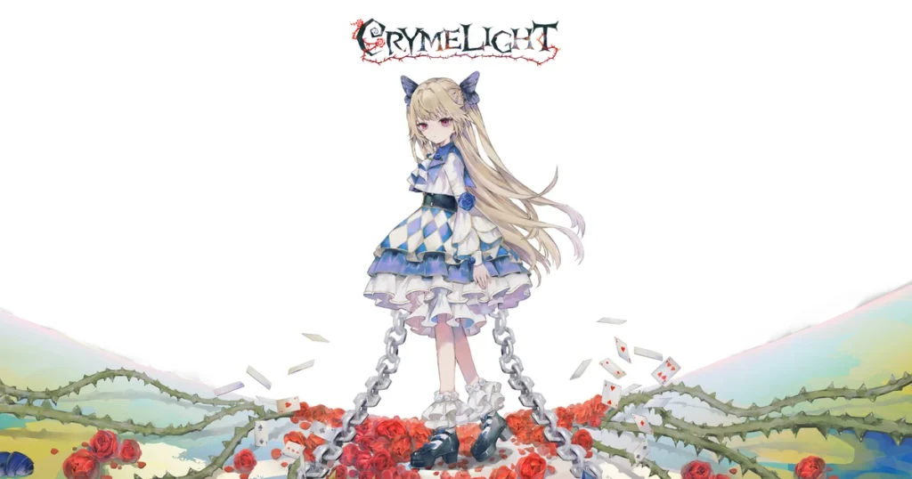 โลโก้ CRYMELIGHT เหนือเด็กสาวบนกุหลาบและโซ่