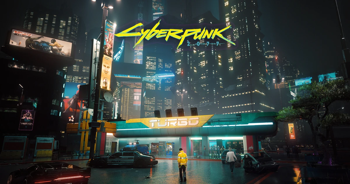 ถนนกลางคืนและปั๊มบริการใต้ตึกสูง มีโลโก้ Cyberpunk 2077 ด้านบน