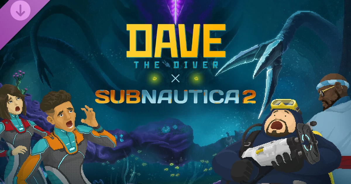 ภาพปกทางการมีโลโก้ DAVE THE DIVER และ Subnautica 2 เหนือตัวละครกับสัตว์ทะเล