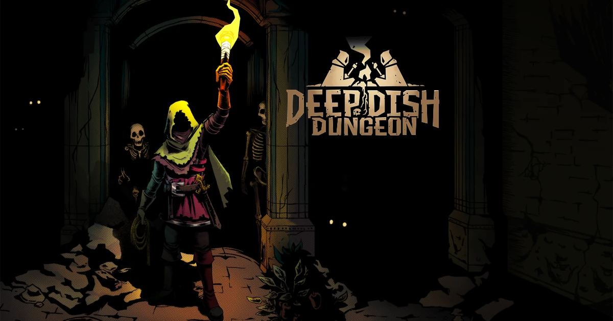 ตัวละครสวมฮู้ดถือคบไฟในซุ้มประตูหินมืด พร้อมโลโก้ Deep Dish Dungeon