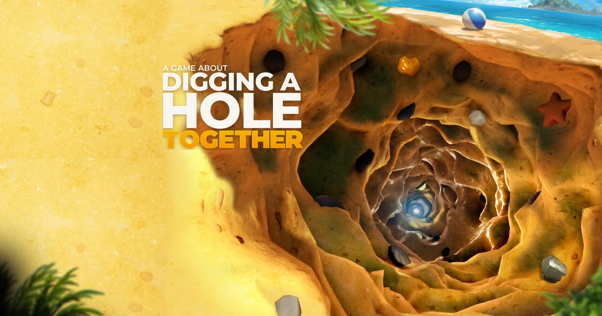 หลุมลึกหลายชั้นบนชายหาด มีโลโก้ A Game About Digging a Hole Together