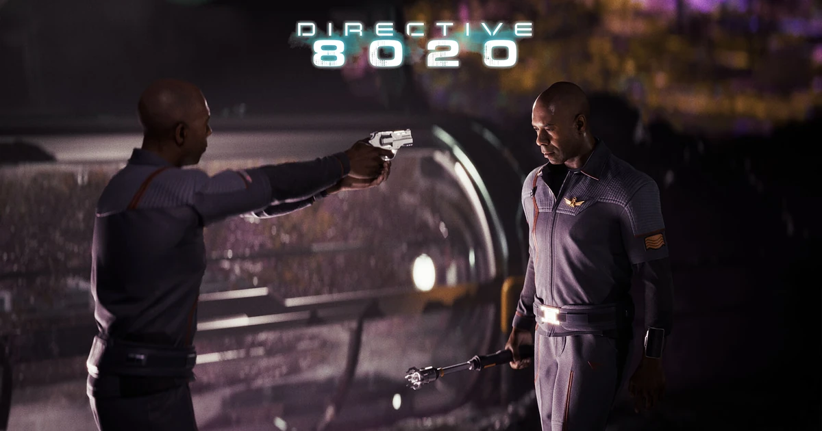 ชายสองคนในเครื่องแบบเผชิญหน้ากัน โดยคนหนึ่งเล็งปืนใส่อีกคน ใต้โลโก้ Directive 8020